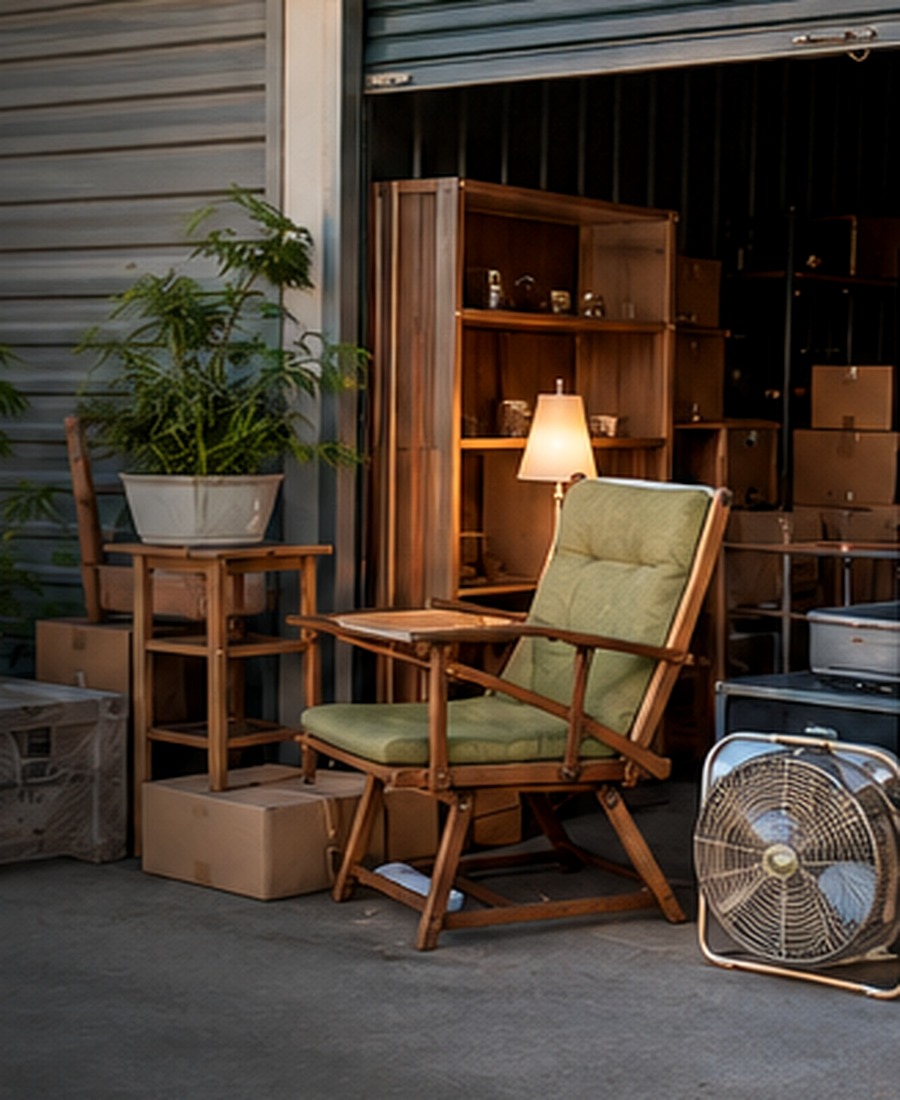Furniture and household items arranged at the entrance to a storage unit